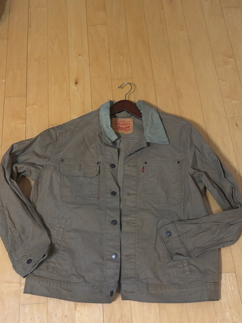 Levi's Men's Olive Green Jacket with Light Corduroy Collar